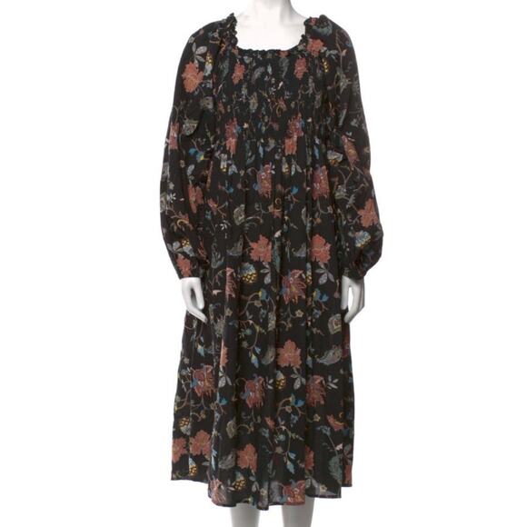 Mille Catherine Black Floral Smocked Bodice Square Neck Midi Dress M - Picture 3 of 8